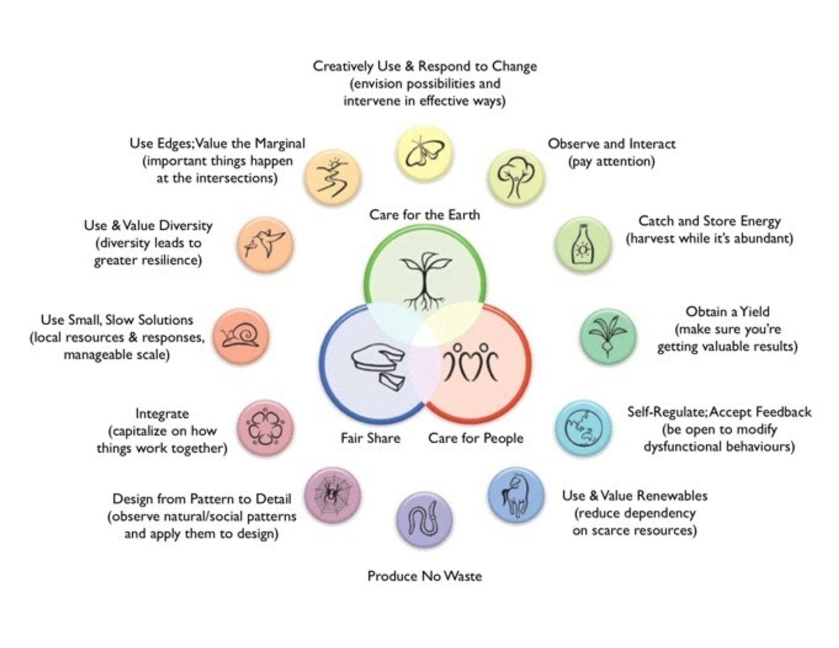 The twelve principles of permaculture: Observe and Interact, Catch and Store Energy, Obtain a Yield, Apply Self-Regulation and Feedback, Use and Value Renewables, Produce No Waste, Design from Patterns to Details, Integrate Don't Segregate, Use Small Slow Solutions, Use and Value Diversity, Use Edges and Value the Marginal, Creatively Use and Respond to Change